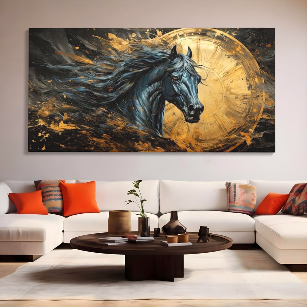 Tablou canvas cu tablou canvas cu un cal negru si coama in vant, fara rama, pe sasiu de lemn, pe perete intr-un living